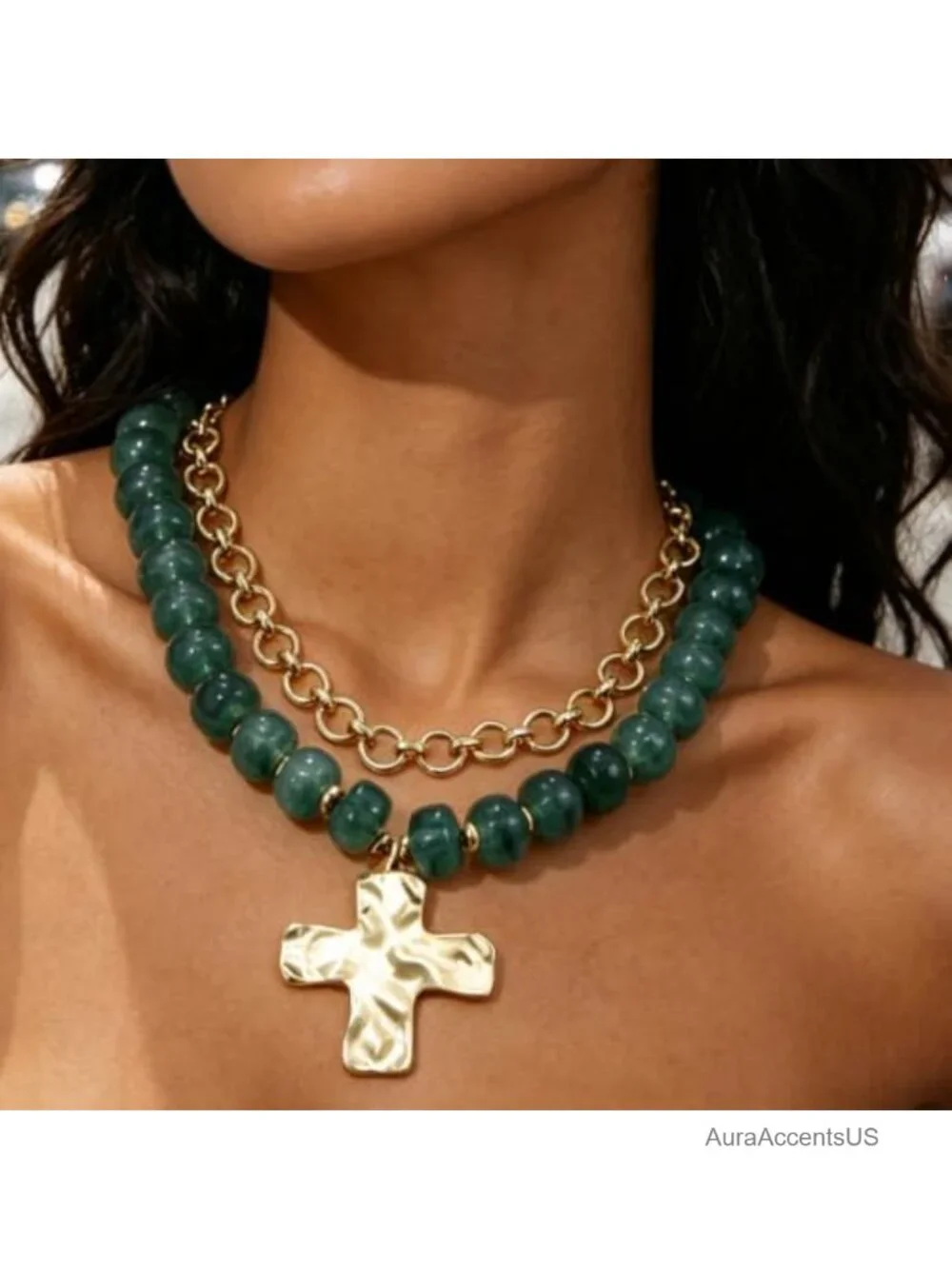 Chunky Beaded Cross Pendant Layered Necklace Acrylic Lobster Clasp